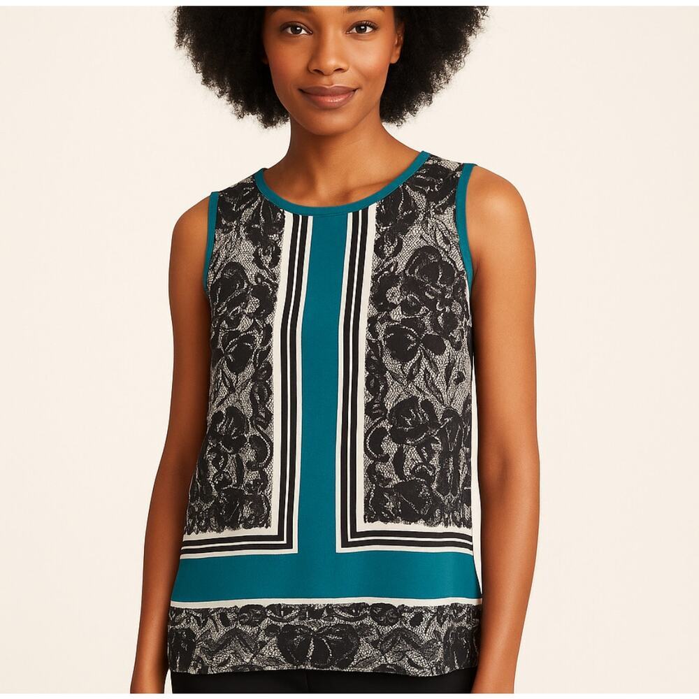Ann Taylor Petite SP Sleeveless Blouse Teal Black Lace Print Baroque Top Work